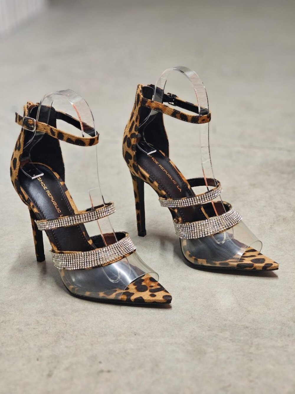 Leopard Print High Heels With Rhinestone Straps & Clear Vinyl Accents Adjustable